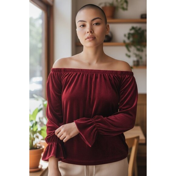 Gibson Latimer Shirt Womens Medium Red Velvet Off Shoulder Bell Sleeve Blouse - Picture 1 of 9